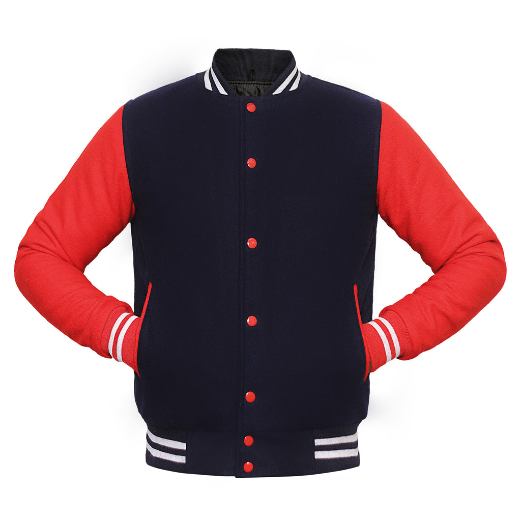 Navy and red varsity jacket with white accents on a white background
