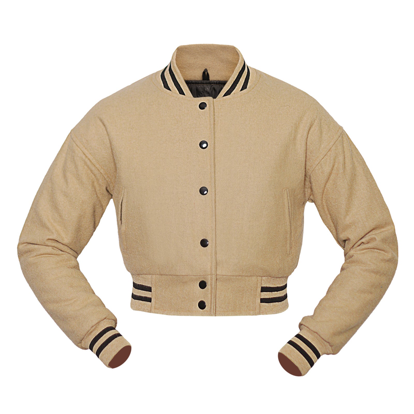 Beige crop varsity jacket with black and brown accents on a white background