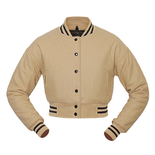 Beige crop varsity jacket with black and brown accents on a white background
