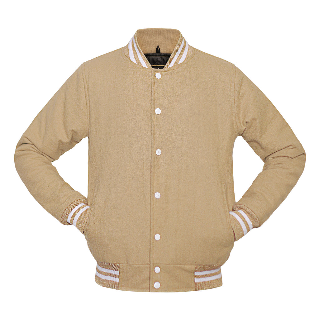 Beige varsity jacket with white accents on a white background