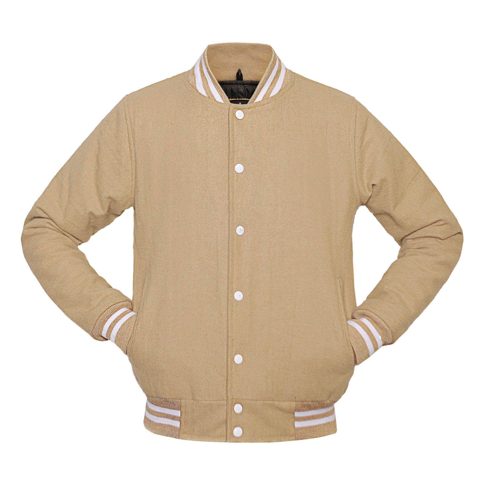 Beige varsity jacket with white accents on a white background
