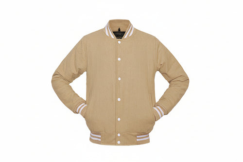 Beige varsity jacket with white accents on a white background