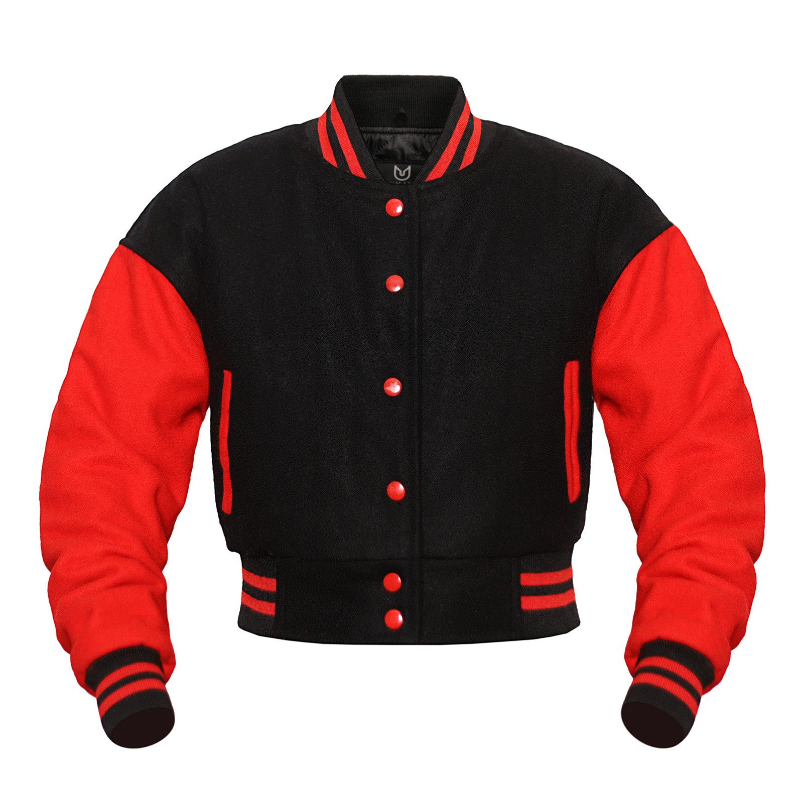 Black and red varsity crop jacket on a white background