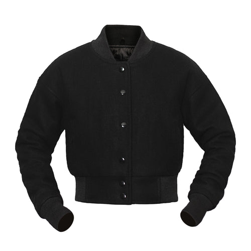 Black crop varsity jacket on a white background