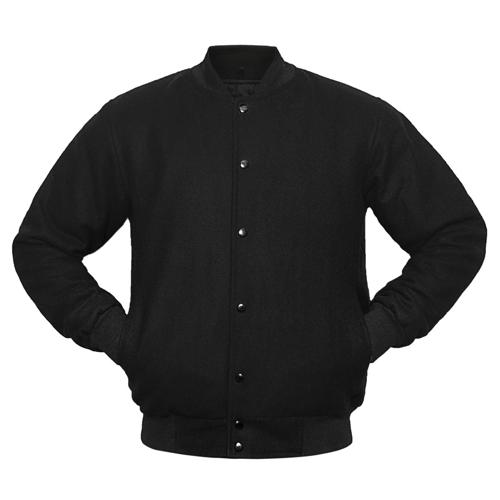 Black varsity jacket on a white background