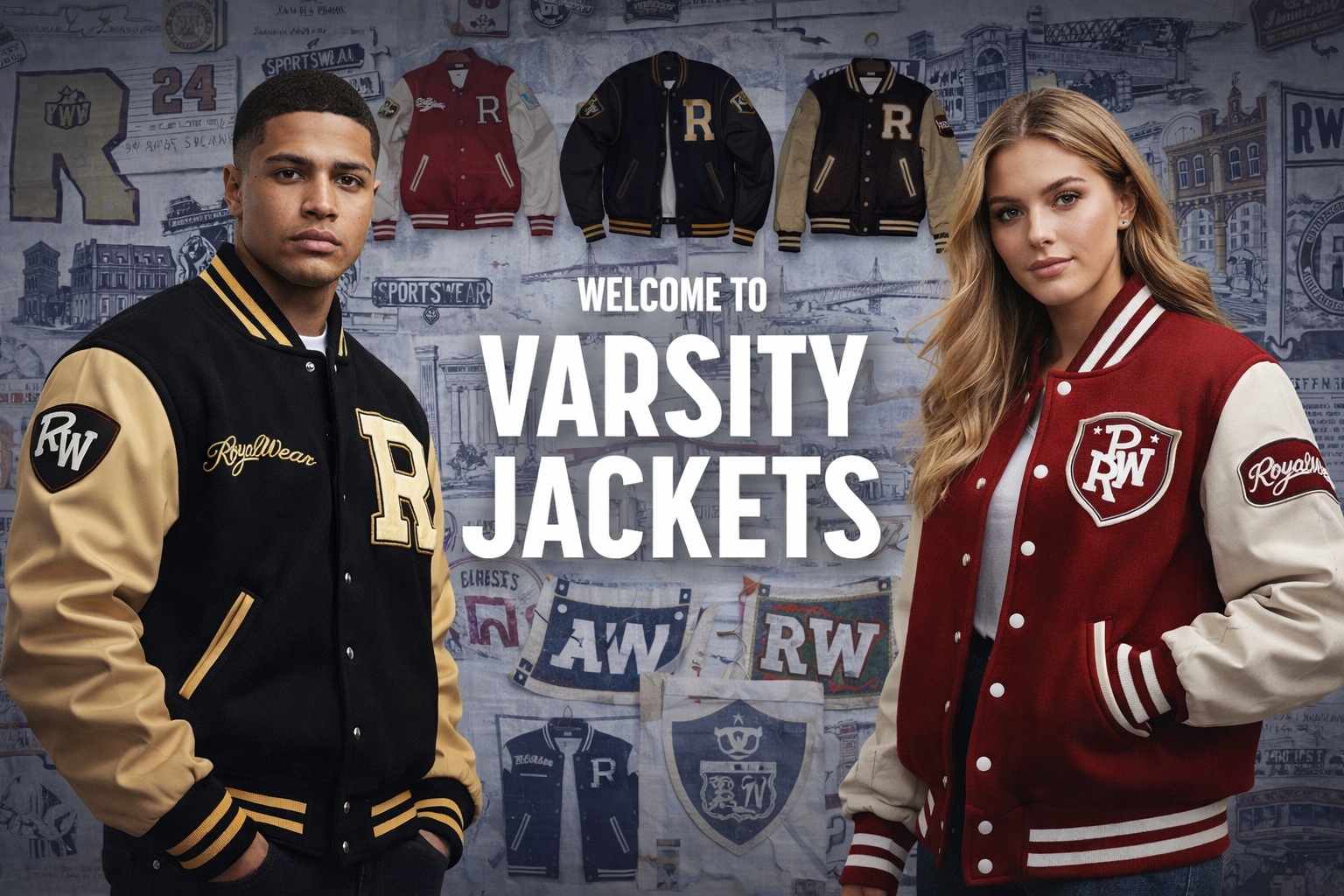 Two people wearing varsity jackets with a background of more jackets and text.