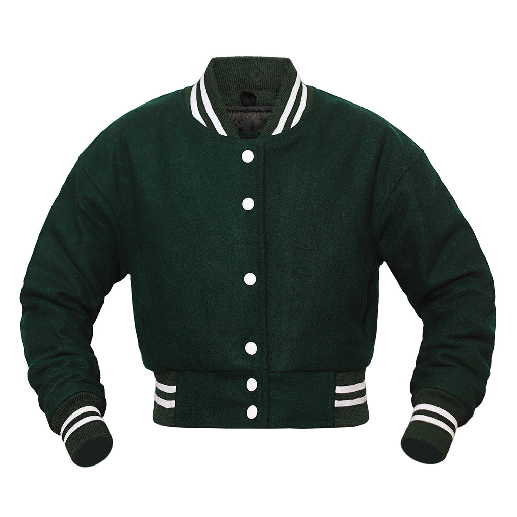 Green crop varsity jacket with white buttons and trim on a white background