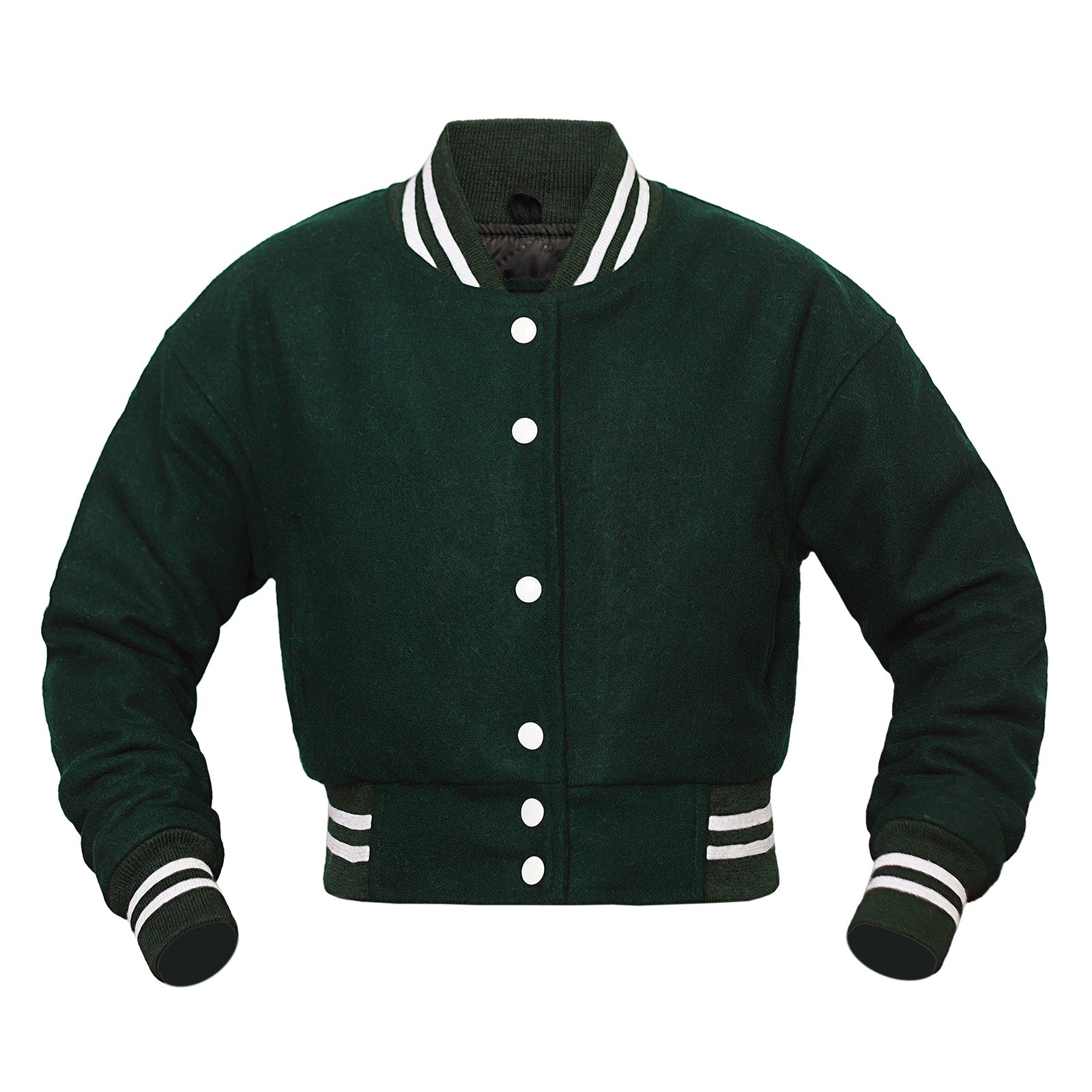 Green crop varsity jacket with white buttons and trim on a white background