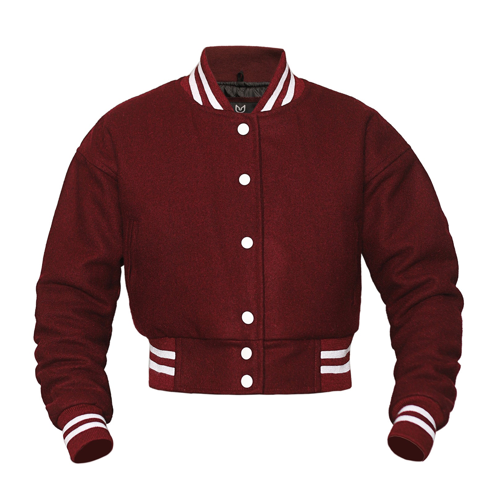 Maroon crop varsity jacket with white buttons and trim on a white background