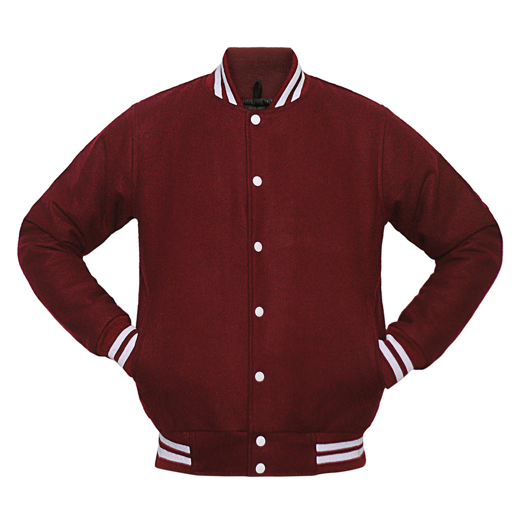 Maroon varsity jacket with white accents on a white background