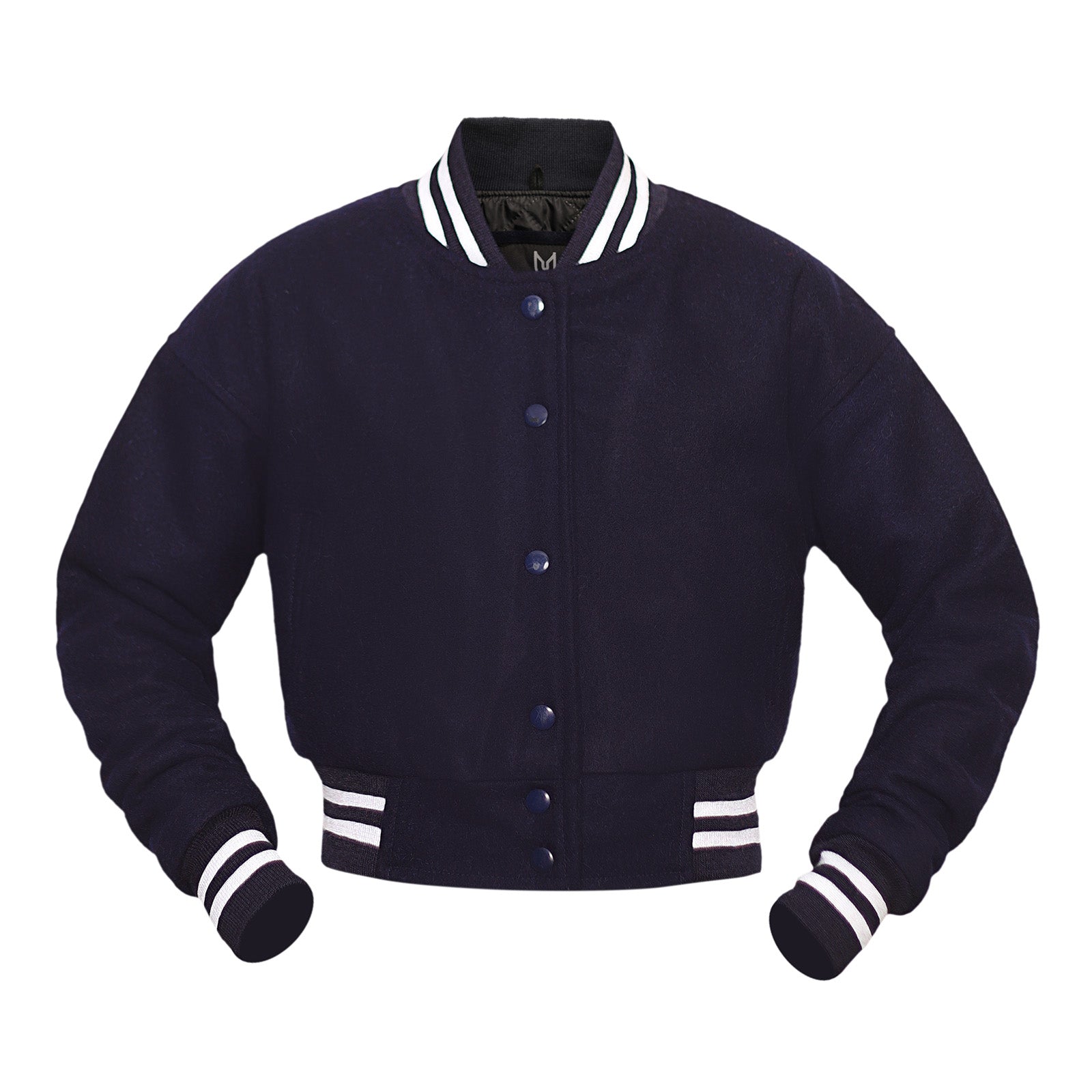 Navy blue crop varsity jacket with white accents on a white background