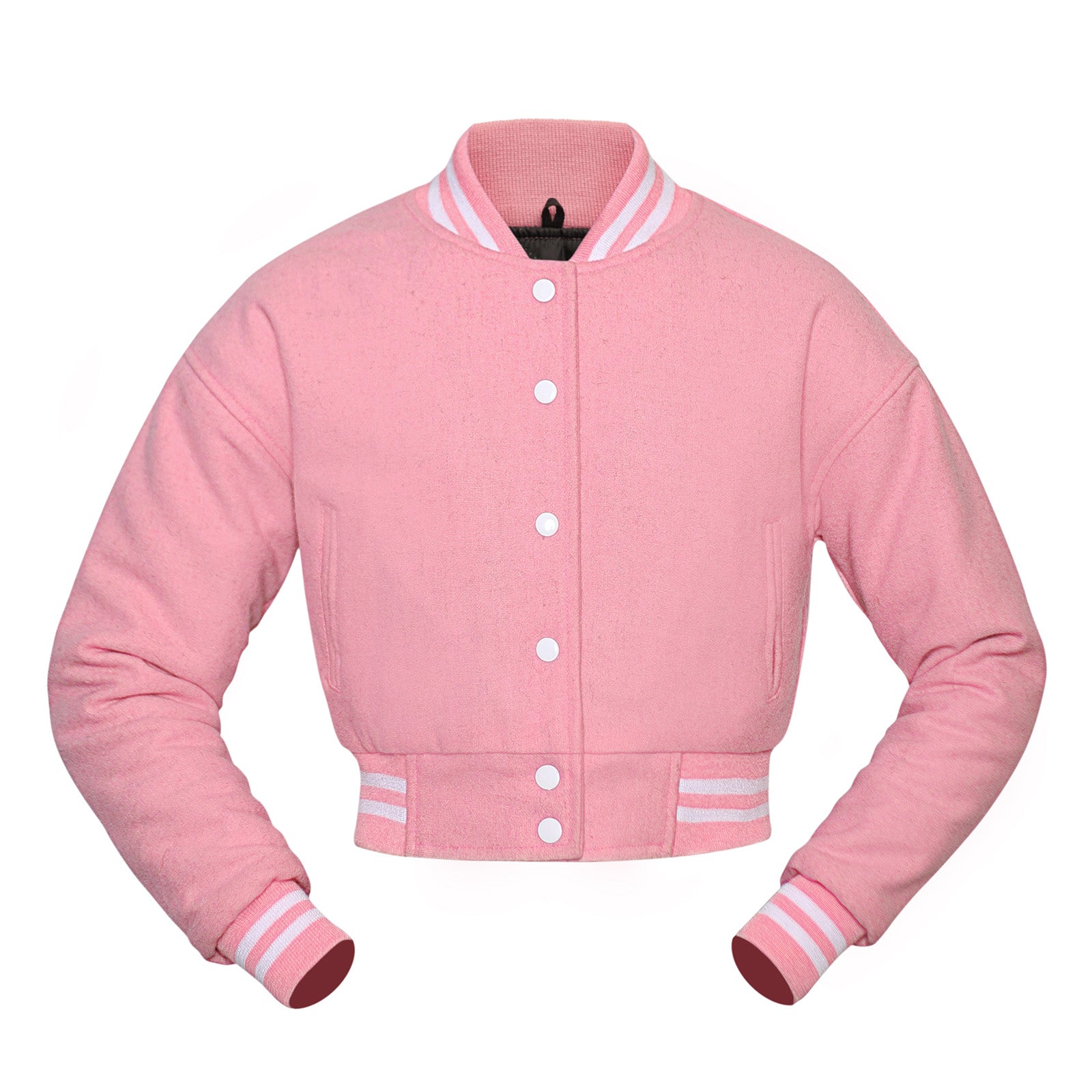 Pink crop varsity jacket with white buttons and trim on a white background