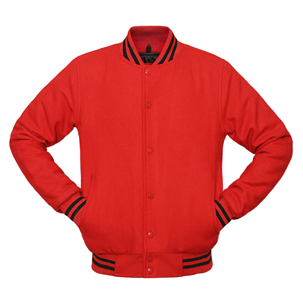 Red varsity jacket with black accents on a white background