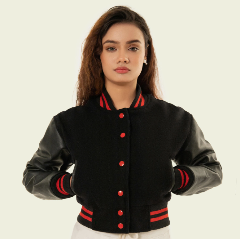 Cropped Jacket Varsity Letterman for Women Wool Body Leather Sleeve