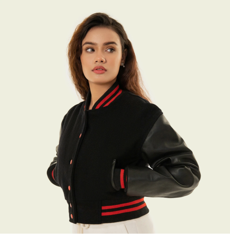Cropped Jacket Varsity Letterman for Women Wool Body Leather Sleeve