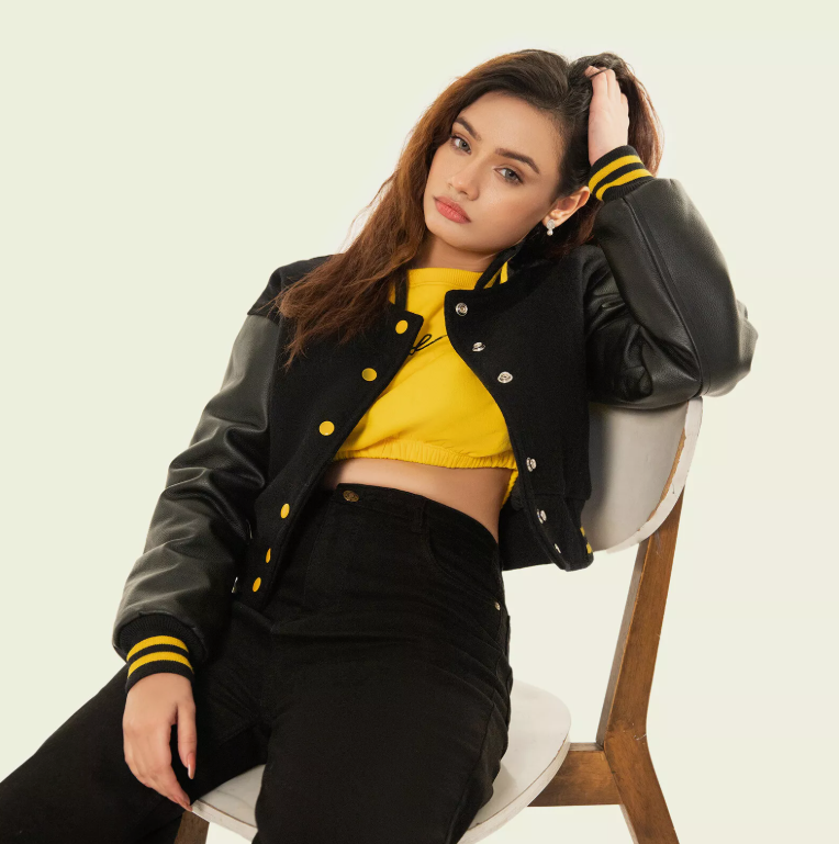 Cropped Jacket Varsity Letterman Crop Jackets for Women Wool Body Leather Sleeve
