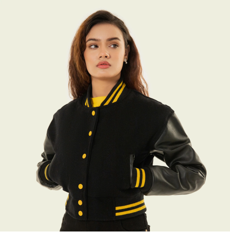 Cropped Jacket Varsity Letterman Crop Jackets for Women Wool Body Leather Sleeve