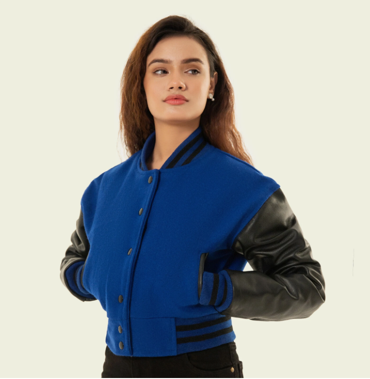 Cropped Jacket Varsity Letterman Crop Jackets for Women Wool Body Leather Sleeve