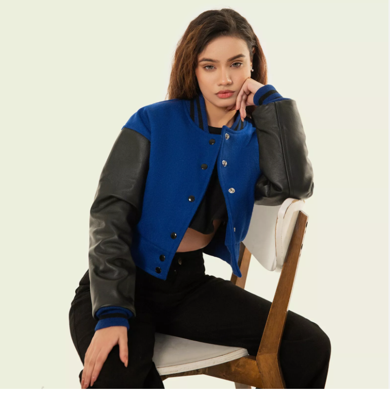 Cropped Jacket Varsity Letterman Crop Jackets for Women Wool Body Leather Sleeve