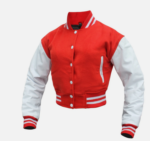 Cropped Jacket Varsity Letterman Crop Jackets for Women Wool Body Leather Sleeve