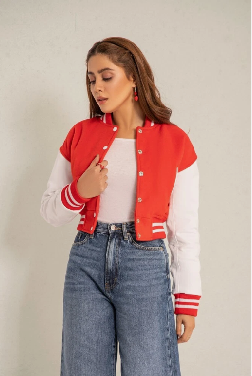 Cropped Jacket Varsity Letterman Crop Jackets for Women Wool Body Leather Sleeve