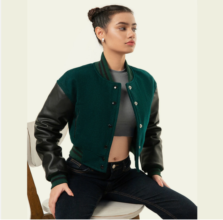 Cropped Jacket Varsity Letterman Crop Jackets for Women Wool Body Leather Sleeve