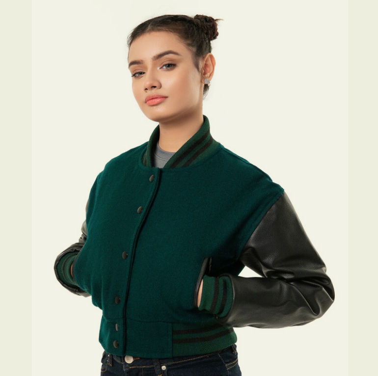 Cropped Jacket Varsity Letterman Crop Jackets for Women Wool Body Leather Sleeve