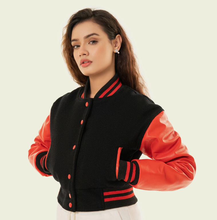 Share Cropped Jacket Varsity Letterman Crop Jackets for Women Wool Body Leather Sleeve