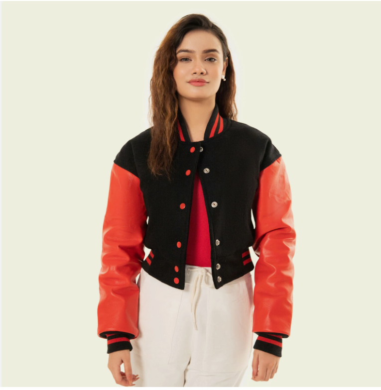 Share Cropped Jacket Varsity Letterman Crop Jackets for Women Wool Body Leather Sleeve