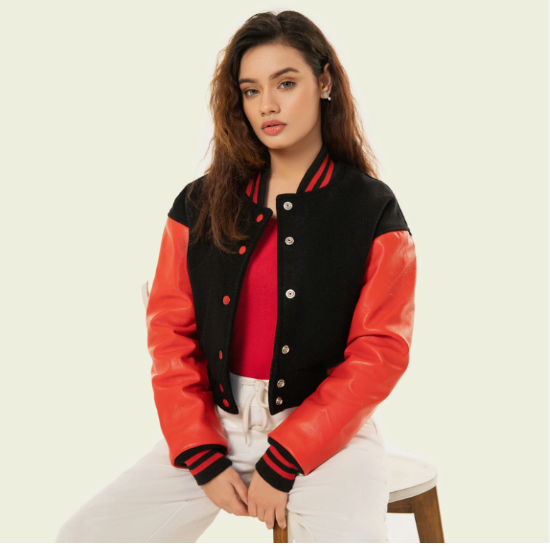 Share Cropped Jacket Varsity Letterman Crop Jackets for Women Wool Body Leather Sleeve