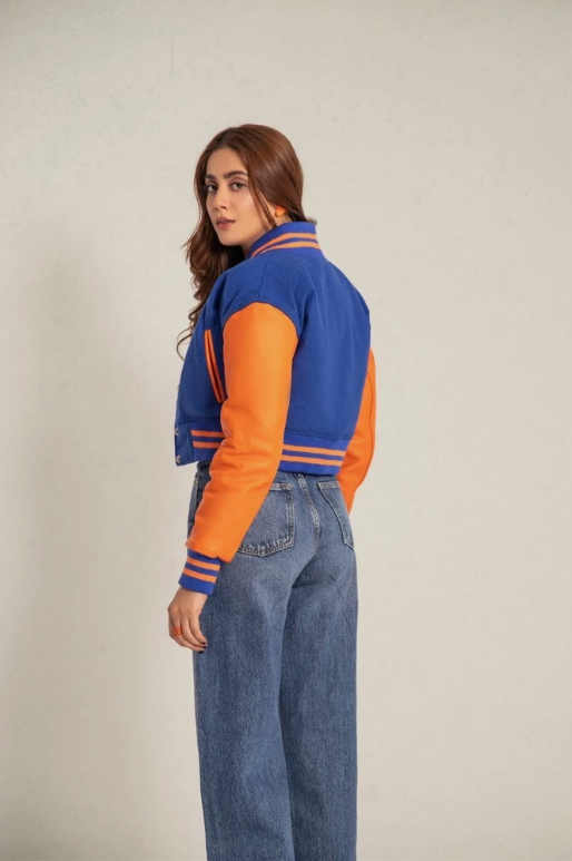 Share Cropped Jacket Varsity Letterman Crop Jackets for Women Wool Body Leather Sleeve