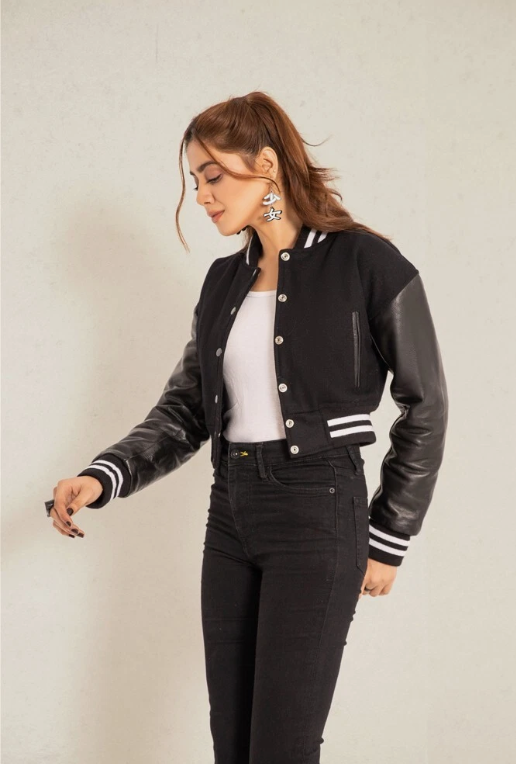 Cropped Jacket Varsity Letterman Crop Jackets for Women Wool Body Leather Sleeve