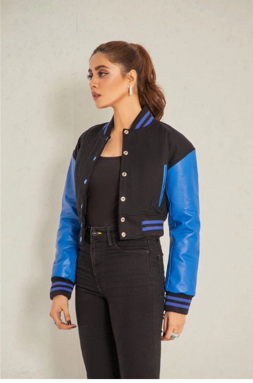 Cropped Jacket Varsity Letterman Crop Jackets for Women Wool Body Leather Sleeve