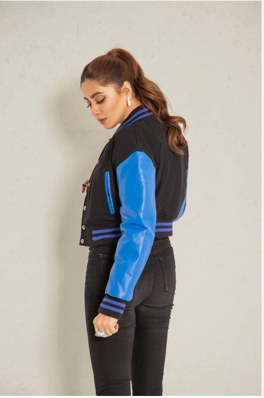 Cropped Jacket Varsity Letterman Crop Jackets for Women Wool Body Leather Sleeve