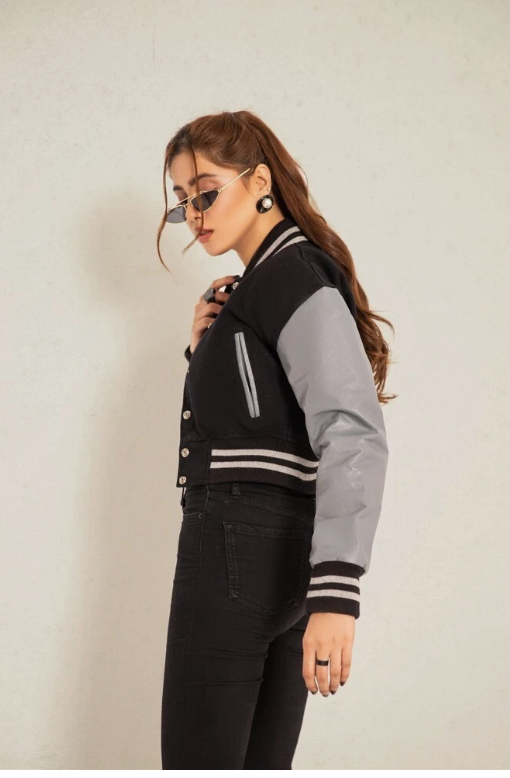 Cropped Jacket Varsity Letterman Crop Jackets for Women Wool Body Leather Sleeve