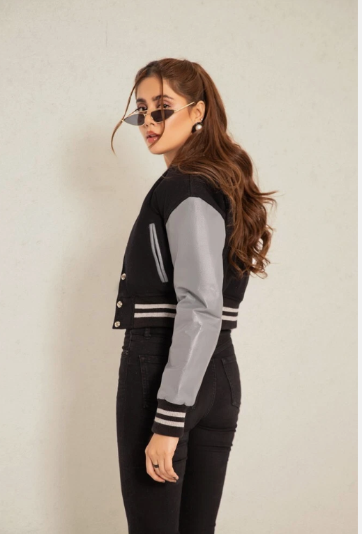 Cropped Jacket Varsity Letterman Crop Jackets for Women Wool Body Leather Sleeve