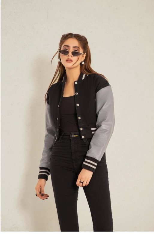 Cropped Jacket Varsity Letterman Crop Jackets for Women Wool Body Leather Sleeve