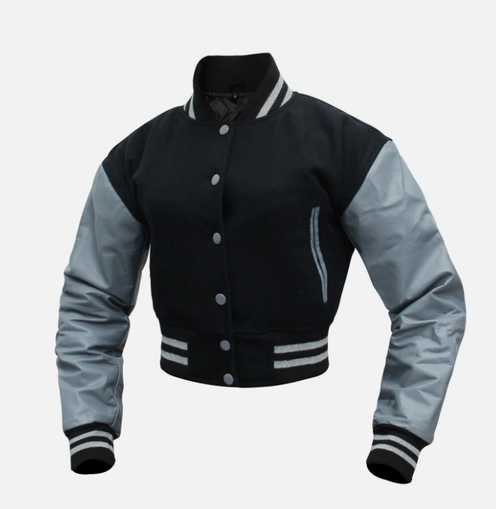 Cropped Jacket Varsity Letterman Crop Jackets for Women Wool Body Leather Sleeve