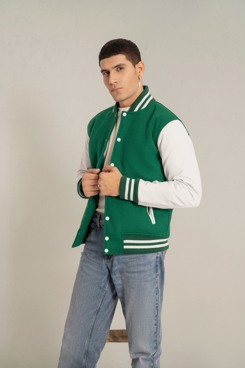 Person wearing a green varsity jacket with white sleeves and blue jeans on a plain background