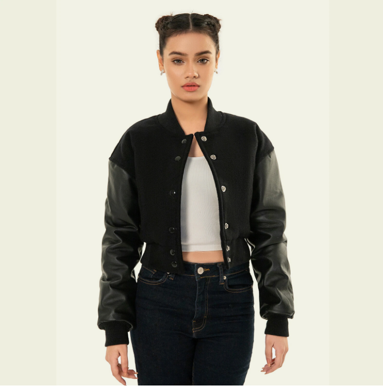 Cropped Jacket Varsity Letterman Crop Jackets for Women Wool Body Leather Sleeve