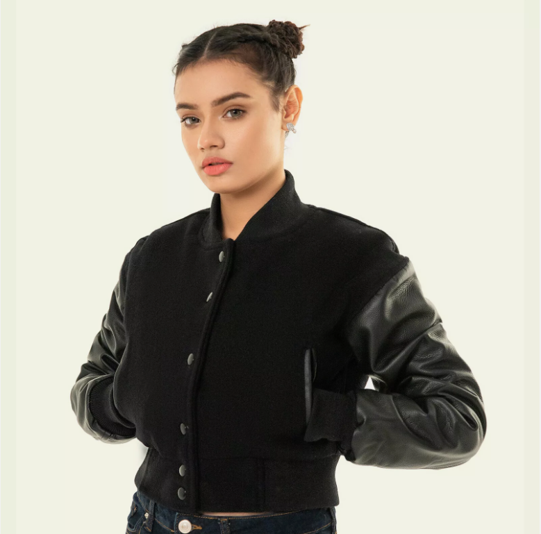 Cropped Jacket Varsity Letterman Crop Jackets for Women Wool Body Leather Sleeve