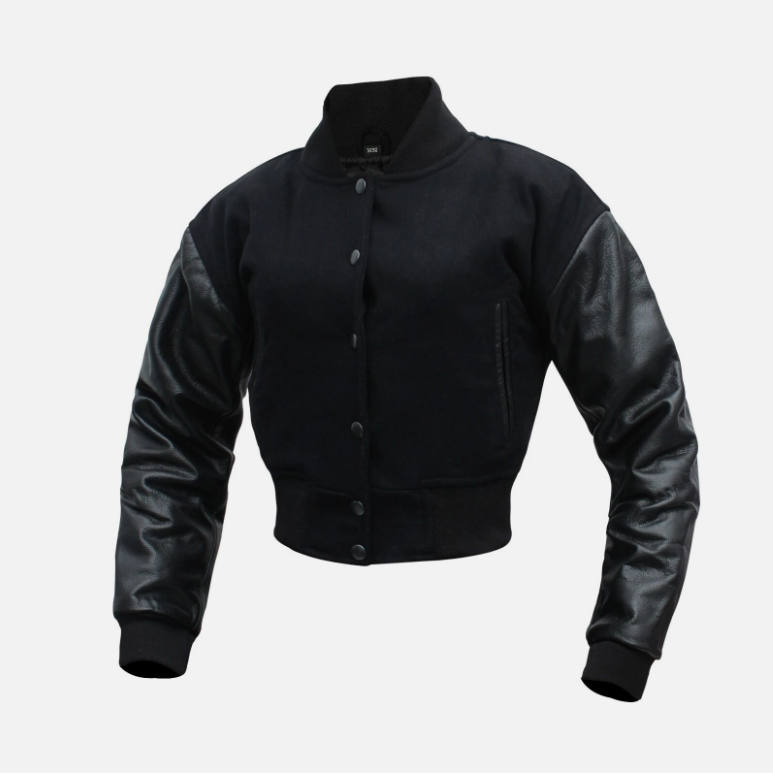 Cropped Jacket Varsity Letterman Crop Jackets for Women Wool Body Leather Sleeve