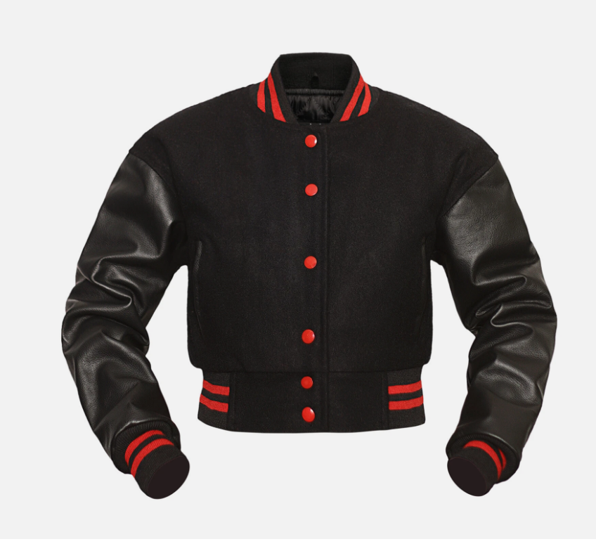 Cropped Jacket Varsity Letterman for Women Wool Body Leather Sleeve