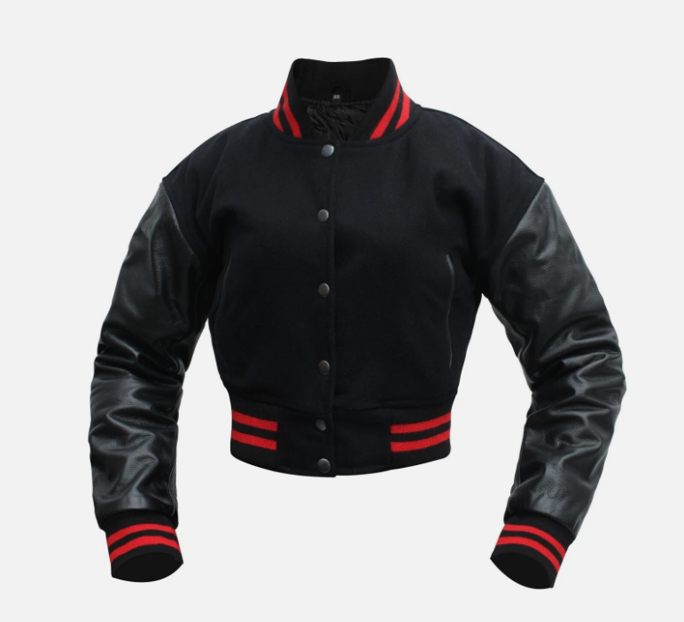 Cropped Jacket Varsity Letterman for Women Wool Body Leather Sleeve