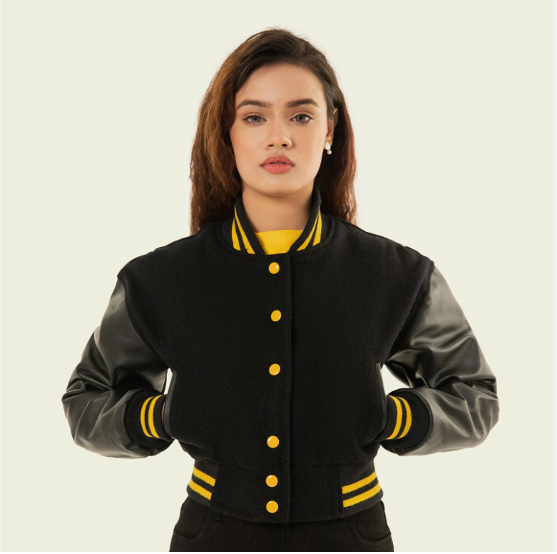 Cropped Jacket Varsity Letterman Crop Jackets for Women Wool Body Leather Sleeve