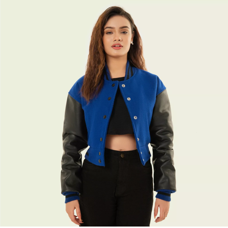 Cropped Jacket Varsity Letterman Crop Jackets for Women Wool Body Leather Sleeve
