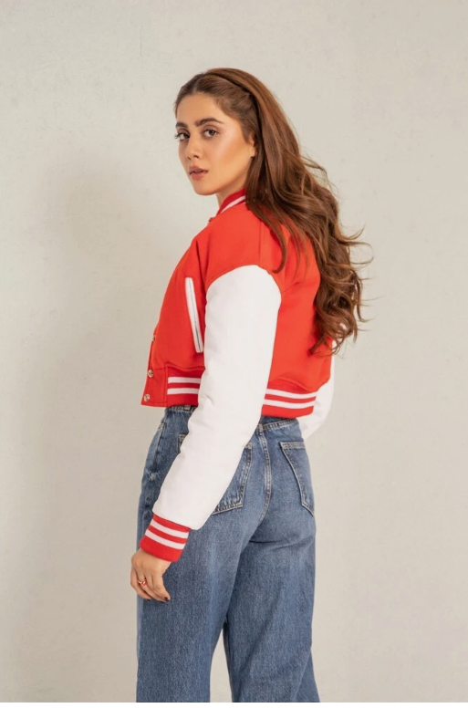 Cropped Jacket Varsity Letterman Crop Jackets for Women Wool Body Leather Sleeve