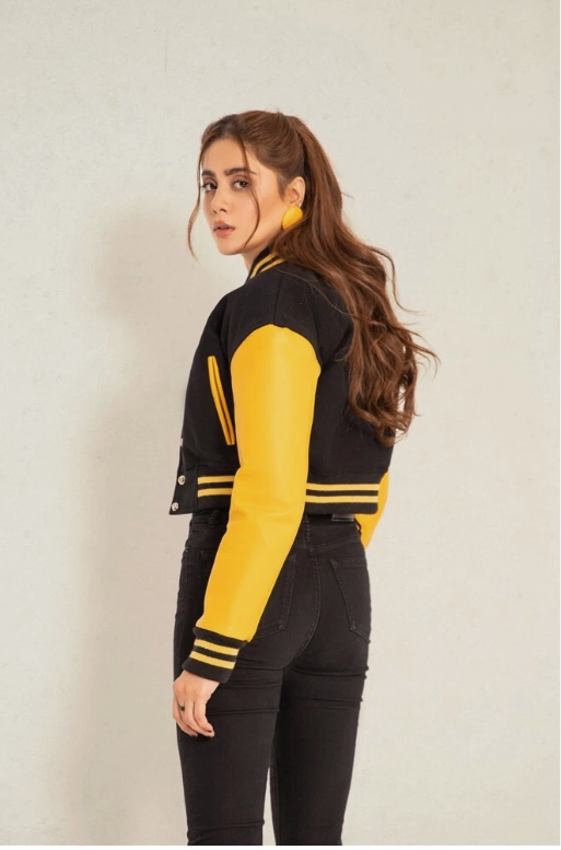 Cropped Jacket Varsity Letterman Crop Jackets for Women Wool Body Leather Sleeve