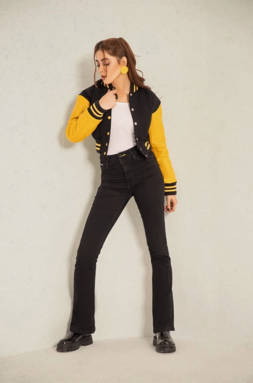 Cropped Jacket Varsity Letterman Crop Jackets for Women Wool Body Leather Sleeve