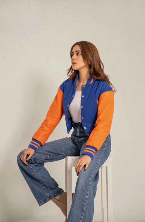 Share Cropped Jacket Varsity Letterman Crop Jackets for Women Wool Body Leather Sleeve